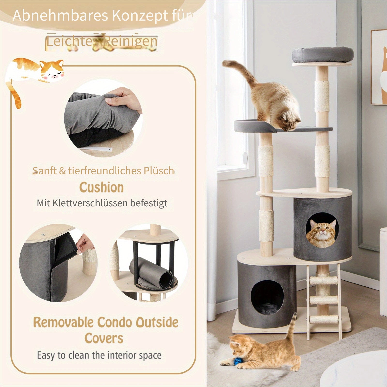 Kratzbaum mehrstöckig, 161 cm großer Katzenkratzbaum mit 2 Höhlen